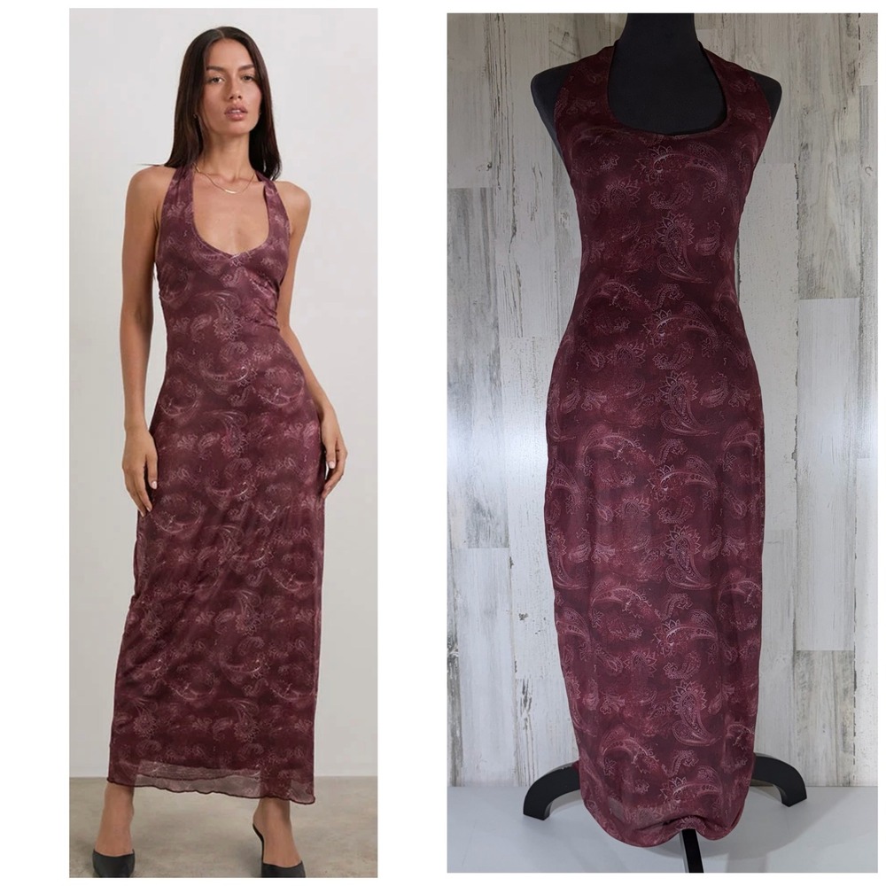 Motel Rocks Datari Halter Maxi Dress Small Burgundy Paisley Mesh Open Back Y2K